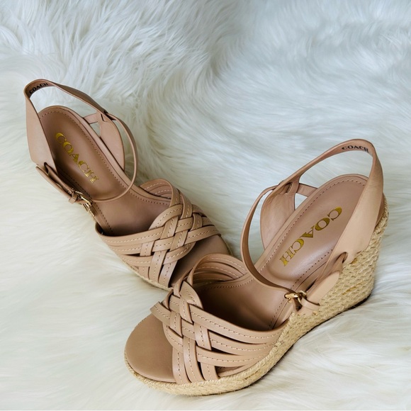 COACH Beige Dottie Open Toe Ankle Strap Wedge Espadrille Sandals Size 6 - Picture 13 of 16
